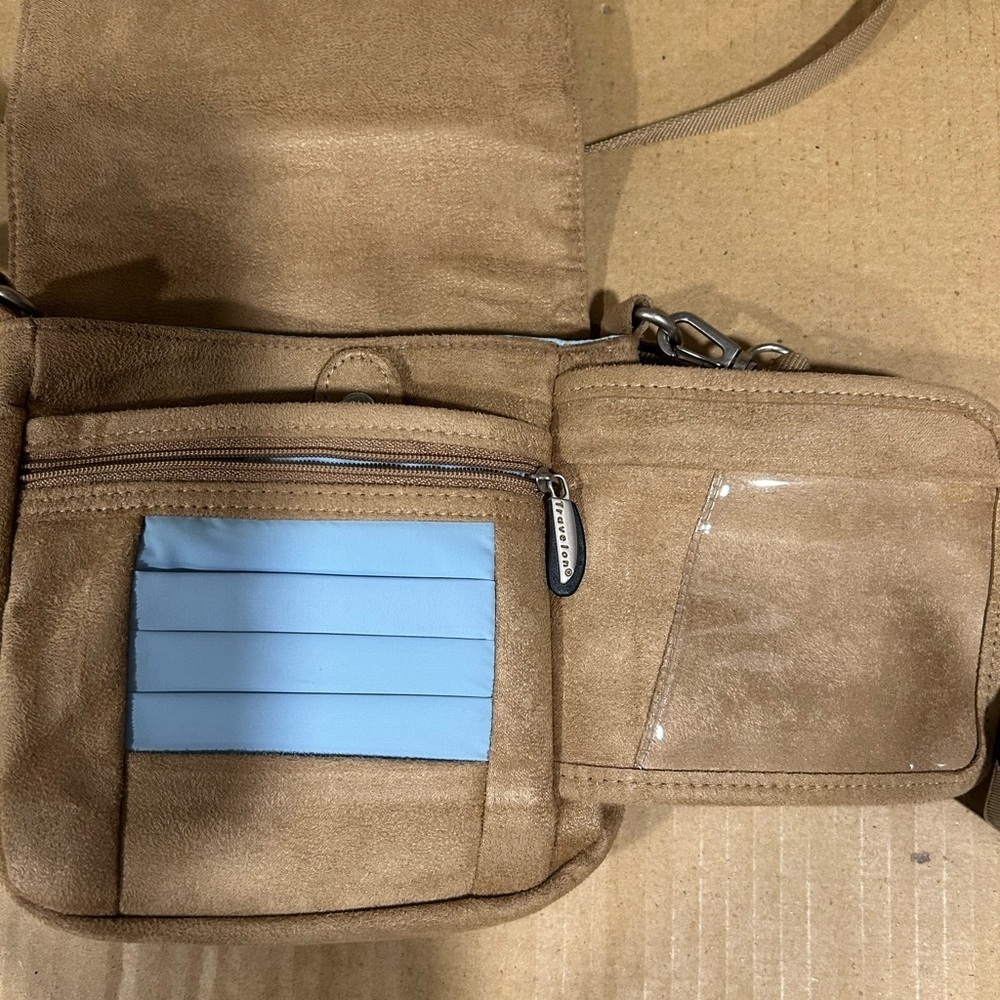 Travelon Crossbody Bag Tan Faux Suede Antitheft Travel Casual Everyday - Picture 3 of 6